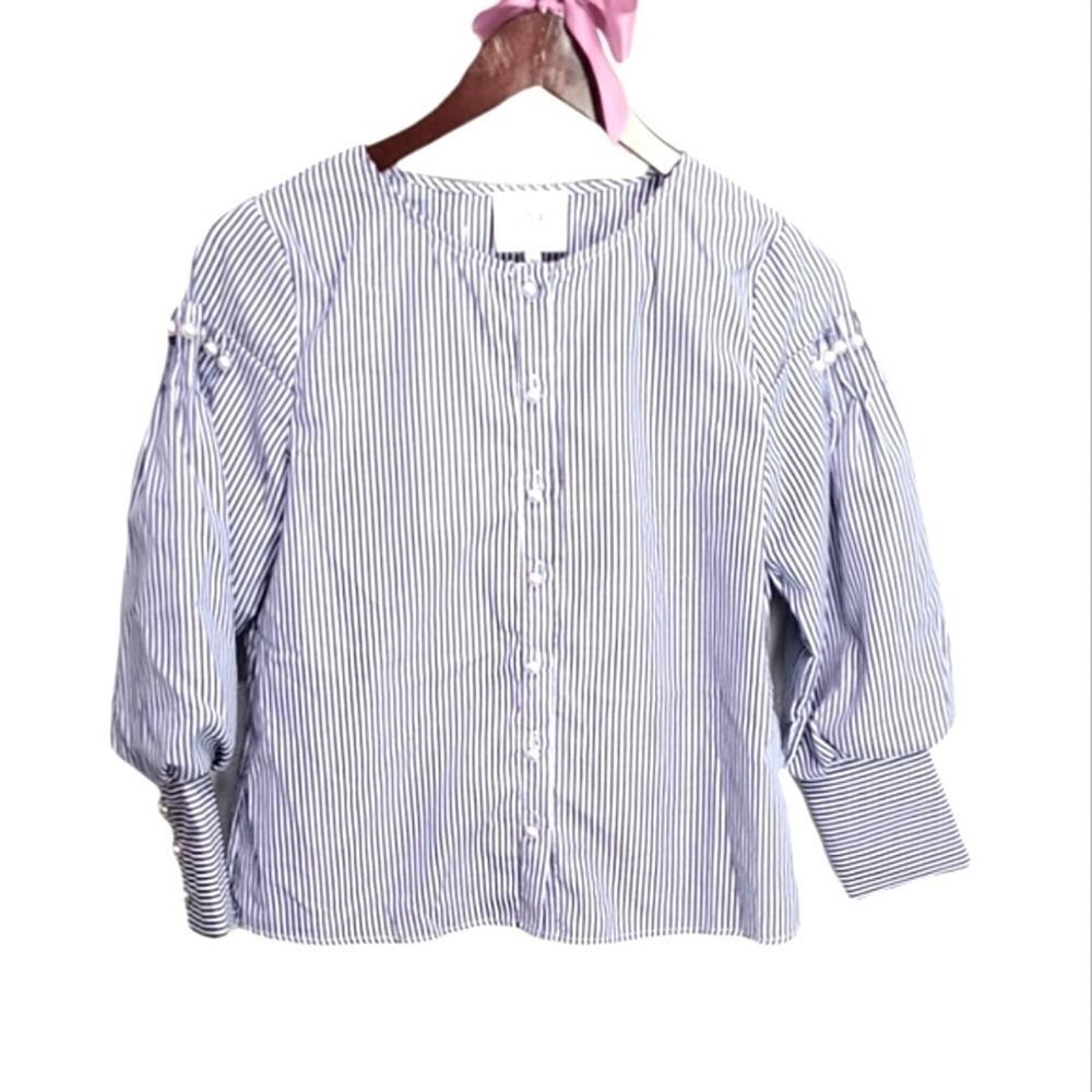 J.O.A Stripped Puff Sleeve Embroidered in Pearls‎